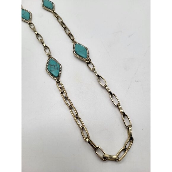 LAUREN RALPH LAUREN Long Gold Tone Faux Turquoise & Crystal Chain Necklace - Picture 7 of 9